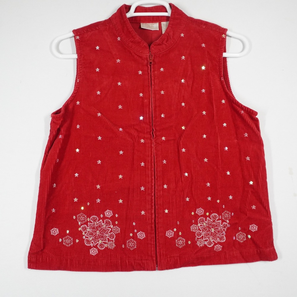VTG Baxter Wells Vest Womens PM Red Corduroy Snowflake Sequin Holiday Christmas